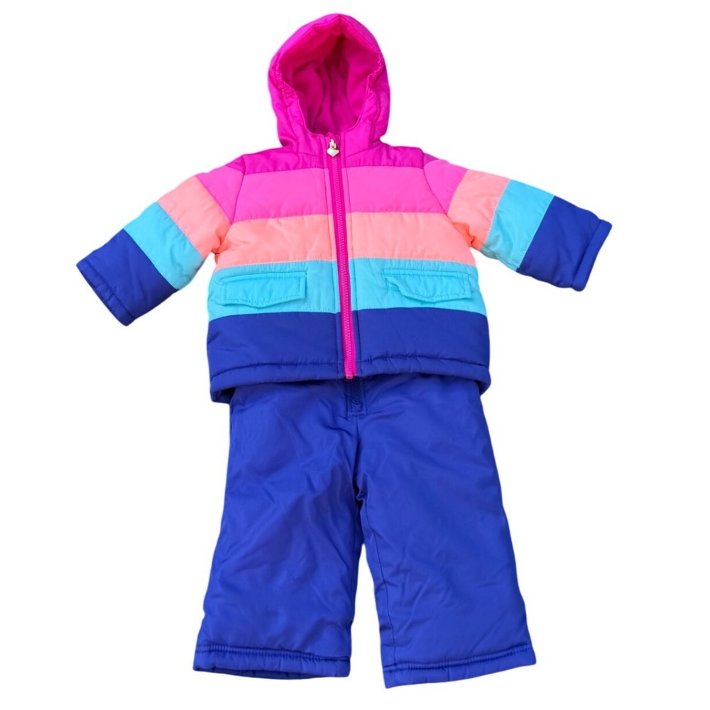 OshKosh Bgosh 12M Girls Snowsuit Set Pink Blue Colorblock Puffer Jacket Bibs